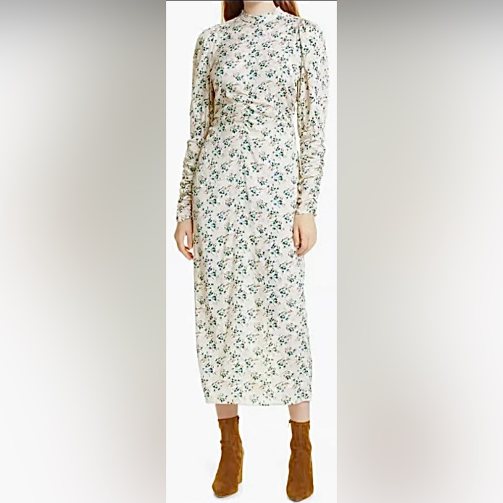 ByTimo Floral High Neck Long Ruched Sleeves Midi Dress Cream Teal Print Size S